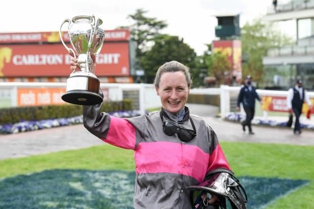 Linda Meech after winning the Catanach's Jewellers Ladies' Day Vase aboard Sirileo Miss at Caulfield Racecourse on October 13, 2021 in Caulfield,...