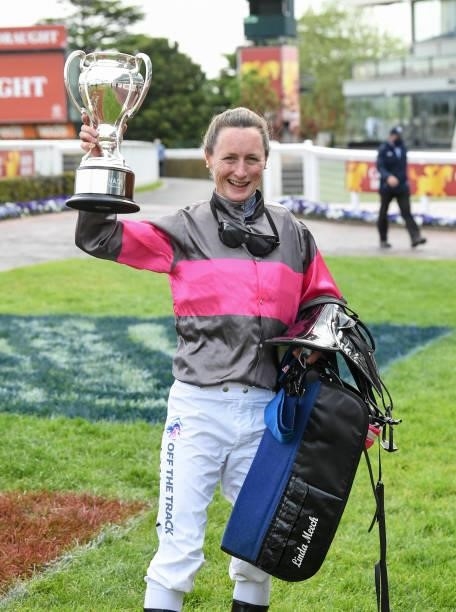 Linda Meech after winning the Catanach's Jewellers Ladies' Day Vase aboard Sirileo Miss at Caulfield Racecourse on October 13, 2021 in Caulfield,...