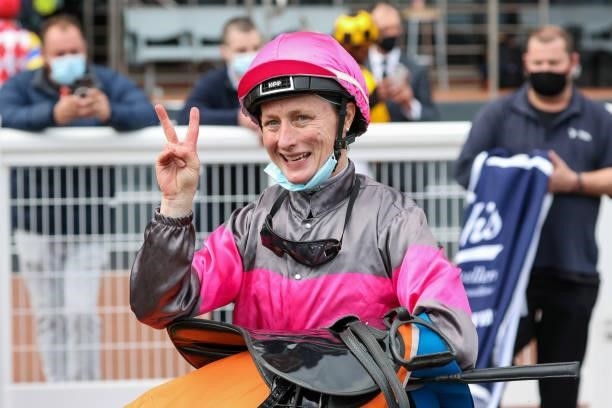 Linda Meech returns to the mounting yard after winning the Catanach's Jewellers Ladies' Day Vase at Caulfield Racecourse on October 13, 2021 in...