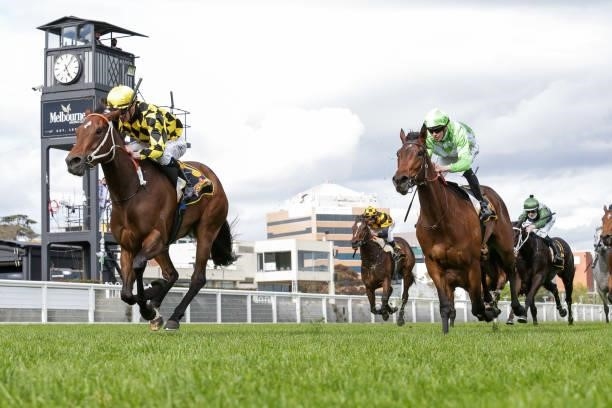 Yearning ridden by Damien Thornton wins the Schweppes Thousand Guineas at Caulfield Racecourse on October 13, 2021 in Caulfield, Australia.