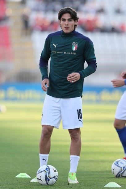 Matteo Cancellieri of U21 Italy warms up during the UEFA European Under-21 Championship Qualifier football match between Italy U21 and Sweden U21 at...