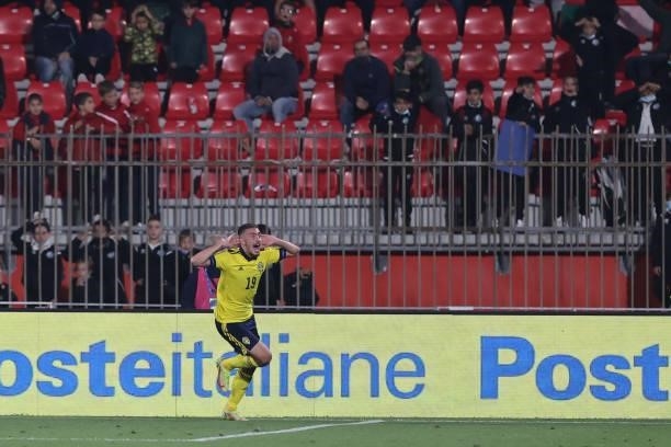 Tim Prica of U21 Sweden celebrates after scoring a goal during the UEFA European Under-21 Championship Qualifier football match between Italy U21 and...