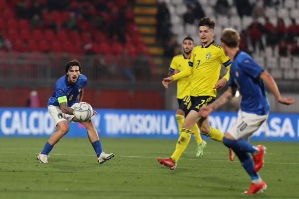 Sandro Tonali of U21 Italy in action during the UEFA European Under-21 Championship Qualifier football match between Italy U21 and Sweden U21 at...