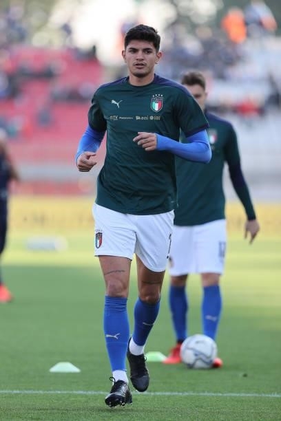 Lorenzo Colombo of U21 Italy warms up during the UEFA European Under-21 Championship Qualifier football match between Italy U21 and Sweden U21 at...