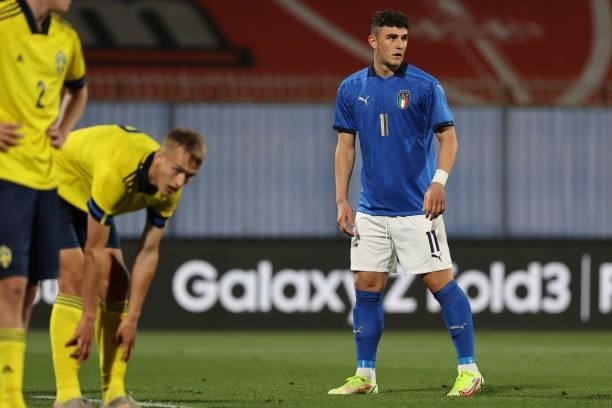 Roberto Piccoli of U21 Italy in action during the UEFA European Under-21 Championship Qualifier football match between Italy U21 and Sweden U21 at...