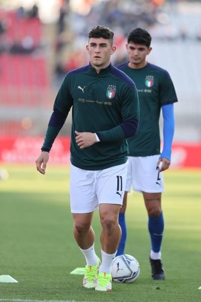 Roberto Piccoli of U21 Italy warms up during the UEFA European Under-21 Championship Qualifier football match between Italy U21 and Sweden U21 at...