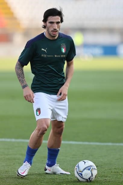 Sandro Tonali of U21 Italy warms up during the UEFA European Under-21 Championship Qualifier football match between Italy U21 and Sweden U21 at...