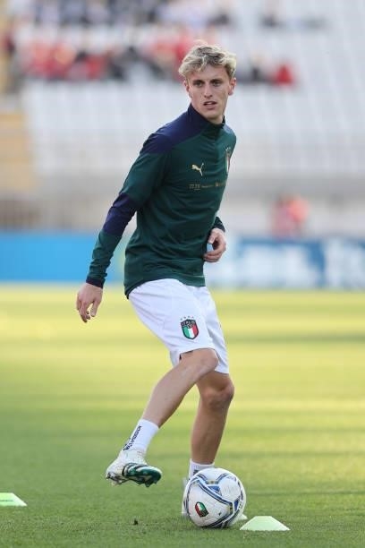 Nicolo Rovella of U21 Italy warms up during the UEFA European Under-21 Championship Qualifier football match between Italy U21 and Sweden U21 at...