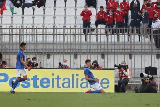 Lorenzo Lucca of U21 Italy celebrates after scoring a goal during the UEFA European Under-21 Championship Qualifier football match between Italy U21...
