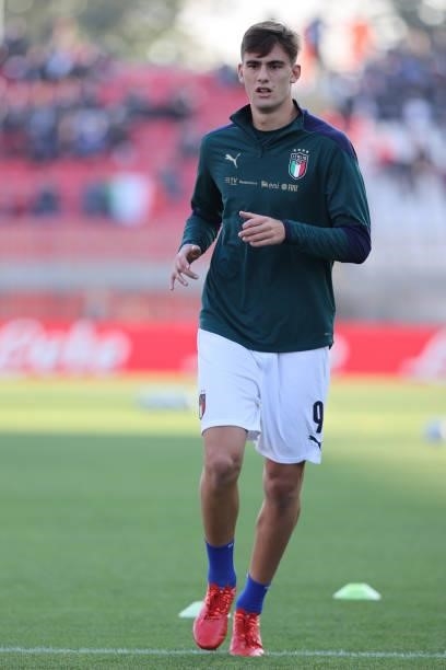 Lorenzo Lucca of U21 Italy warms up during the UEFA European Under-21 Championship Qualifier football match between Italy U21 and Sweden U21 at...