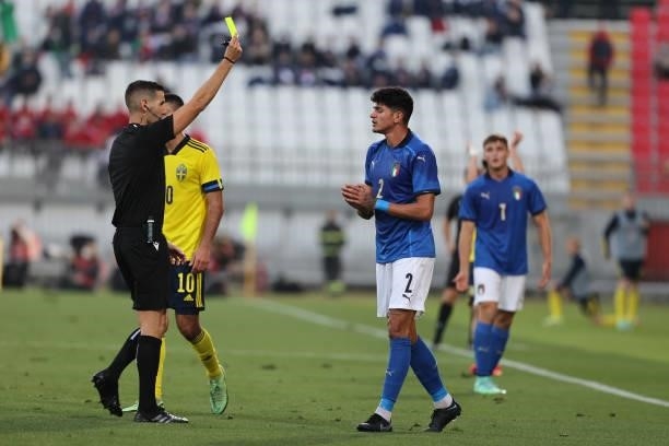 Raoul Bellanova of U21 Italy yellow card during the UEFA European Under-21 Championship Qualifier football match between Italy U21 and Sweden U21 at...