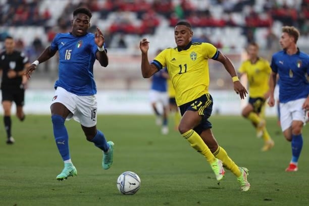 Amin Sar of U21 Sweden and Caleb Okoli of U21 Italy in action during the UEFA European Under-21 Championship Qualifier football match between Italy...