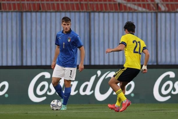 Lorenzo Colombo of U21 Italy in action during the UEFA European Under-21 Championship Qualifier football match between Italy U21 and Sweden U21 at...