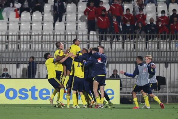 Tim Prica of U21 Sweden celebrates with his teammates after scoring a goal during the UEFA European Under-21 Championship Qualifier football match...