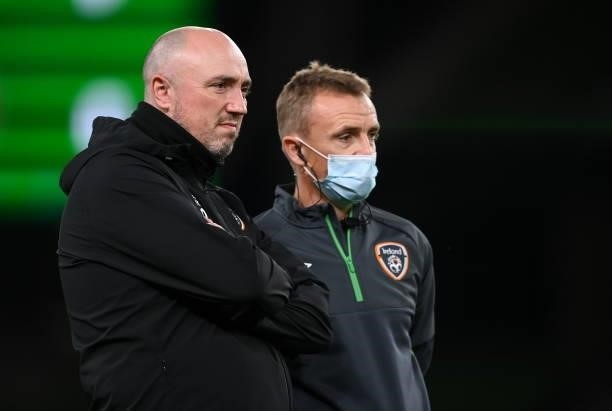Dublin , Ireland - 12 October 2021; Republic of Ireland athletic therapist Colum ONeill, left, and chartered physiotherapist Danny Miller before the...