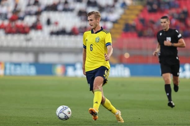 Benjamin Nygren of U21 Sweden in action during the UEFA European Under-21 Championship Qualifier football match between Italy U21 and Sweden U21 at...