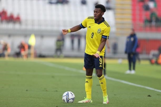 Anthony Elanga of U21 Sweden in action during the UEFA European Under-21 Championship Qualifier football match between Italy U21 and Sweden U21 at...
