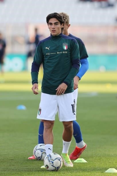 Matteo Cancellieri of U21 Italy warms up during the UEFA European Under-21 Championship Qualifier football match between Italy U21 and Sweden U21 at...