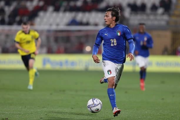 Emanuel Vignato of U21 Italy in action during the UEFA European Under-21 Championship Qualifier football match between Italy U21 and Sweden U21 at...