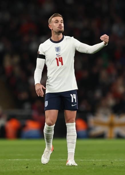 Jordan Henderson of England during the 2022 FIFA World Cup Qualifier match between England and Hungary at Wembley Stadium on October 12, 2021 in...