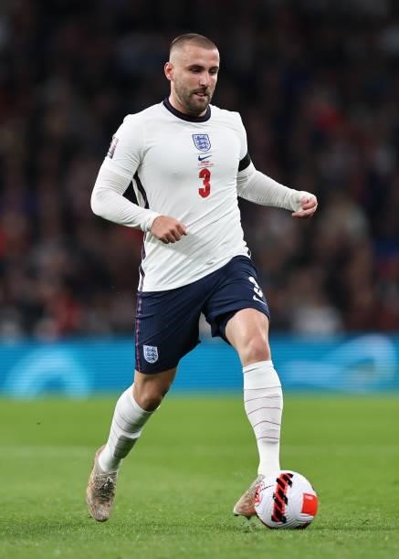 Luke Shaw of England during the 2022 FIFA World Cup Qualifier match between England and Hungary at Wembley Stadium on October 12, 2021 in London,...