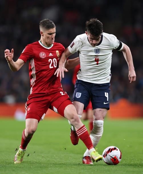 Declan Rice of England in action with Roland Sallai of Hungary during the 2022 FIFA World Cup Qualifier match between England and Hungary at Wembley...