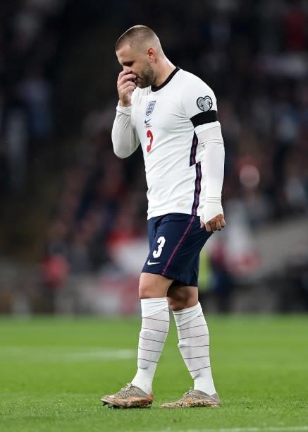 Luke Shaw of England looks dejected during the 2022 FIFA World Cup Qualifier match between England and Hungary at Wembley Stadium on October 12, 2021...