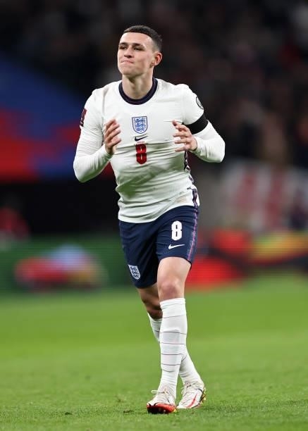 Phil Foden of England looks dejected during the 2022 FIFA World Cup Qualifier match between England and Hungary at Wembley Stadium on October 12,...