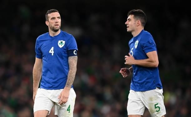 Dublin , Ireland - 12 October 2021; Shane Duffy, left, and John Egan of Republic of Ireland during the international friendly match between Republic...