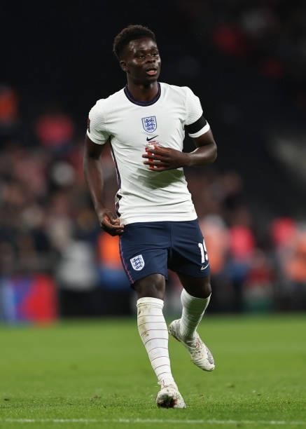 Bukayo Saka of England during the 2022 FIFA World Cup Qualifier match between England and Hungary at Wembley Stadium on October 12, 2021 in London,...