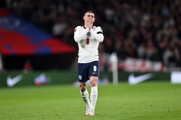 Phil Foden of England looks dejected during the 2022 FIFA World Cup Qualifier match between England and Hungary at Wembley Stadium on October 12,...