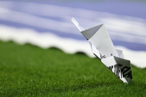 Paper aeroplane embedded in the pitch during the 2022 FIFA World Cup Qualifier match between England and Hungary at Wembley Stadium on October 12,...