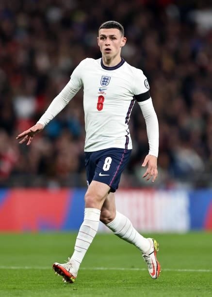 Phil Foden of England during the 2022 FIFA World Cup Qualifier match between England and Hungary at Wembley Stadium on October 12, 2021 in London,...