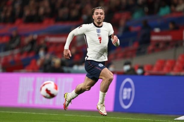 Jack Grealish of England during the 2022 FIFA World Cup Qualifier match between England and Hungary at Wembley Stadium on October 12, 2021 in London,...