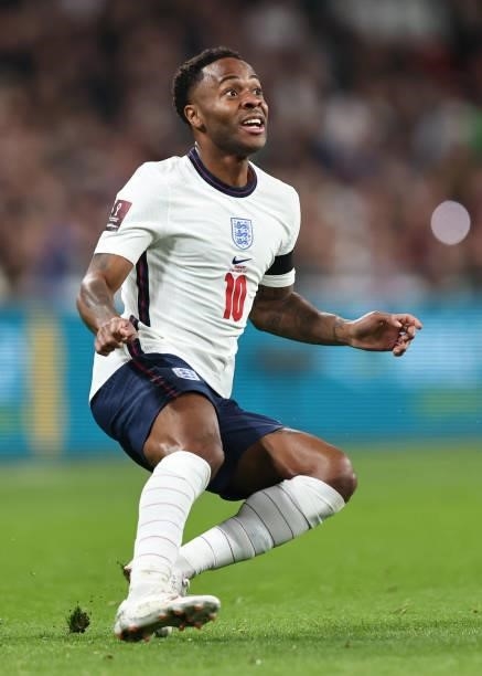 Raheem Sterling of England during the 2022 FIFA World Cup Qualifier match between England and Hungary at Wembley Stadium on October 12, 2021 in...
