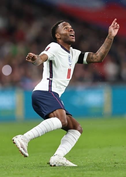 Raheem Sterling of England during the 2022 FIFA World Cup Qualifier match between England and Hungary at Wembley Stadium on October 12, 2021 in...