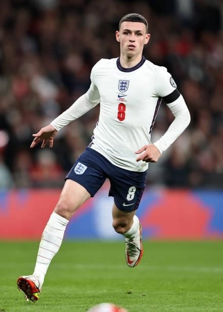 Phil Foden of England during the 2022 FIFA World Cup Qualifier match between England and Hungary at Wembley Stadium on October 12, 2021 in London,...