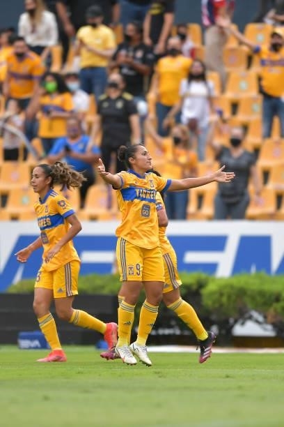Sandra Mayor of Tigres UANL femenil celebrates after teammate Lizbeth Ovalle scored her team’s first goal during the Final second leg match between...