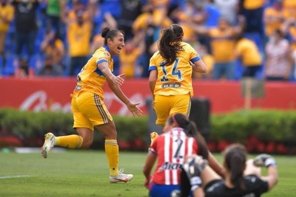 Lizbeth Ovalle of Tigres UANL femenil celebrates with teammate after scoring her team’s first goal during the Final second leg match between Tigres...