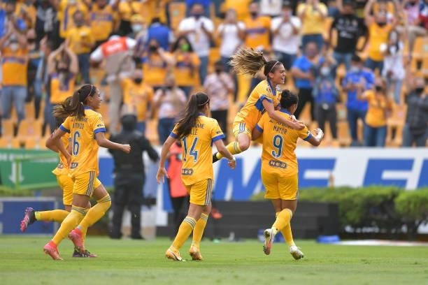 Sandra Mayor of Tigres UANL femenil celebrates with teammates after scoring her team’s third goal during the Final second leg match between Tigres...