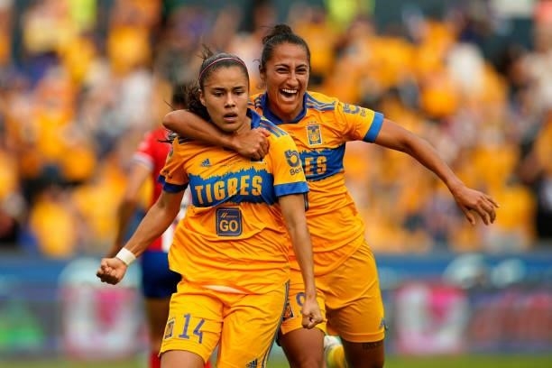 Lizbeth Ovalle and Sandra Mayor of Tigres celebrate after the second goal of his team during the Final second leg match between Tigres UANL and...