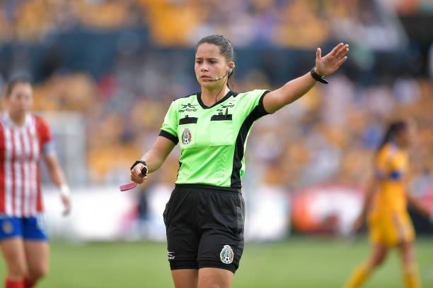 Referee Karen Hernández gestures during the Final second leg match between Tigres UANL and Chivas as part of the Torneo Guard1anes 2021 Liga MX...
