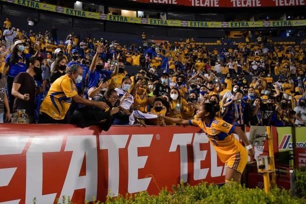 Belén Cruz of Tigres UANL femenil celebrates with fans after winning of the Final second leg match between Tigres UANL and Chivas as part of the...