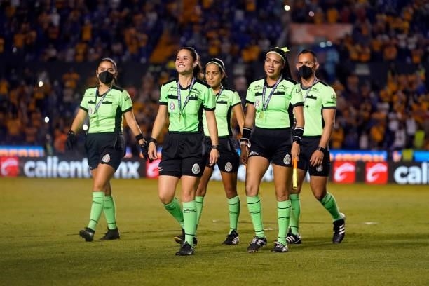 Referees at the end of the Final second leg match between Tigres UANL and Chivas as part of the Torneo Guard1anes 2021 Liga MX Femenil at...