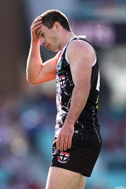 Jack Higgins of the Saints reacts after missing a shot on goal during the round 12 AFL match between the St Kilda Saints and the Sydney Swans at...