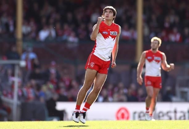 Logan McDonald of the Swans celebrates kicking a goal during the round 12 AFL match between the St Kilda Saints and the Sydney Swans at Sydney...