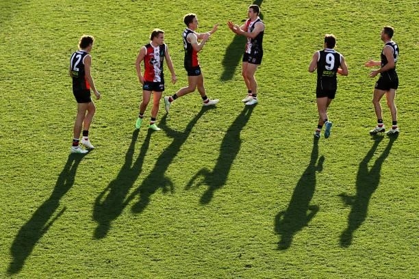 Jack Billings of the Saints is congratulated by team mates after kicking a goal during the round 12 AFL match between the St Kilda Saints and the...