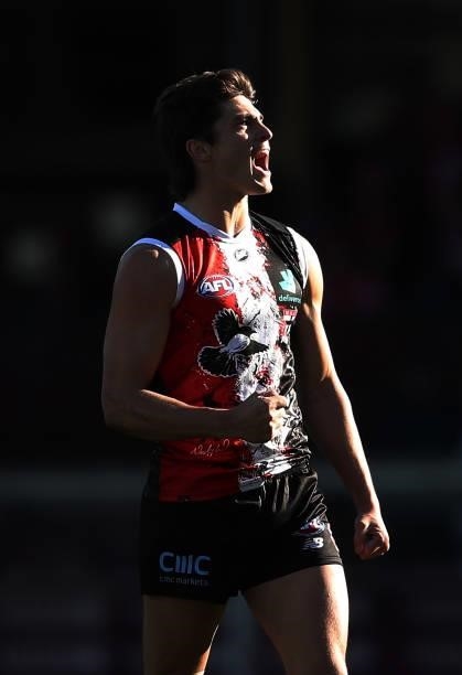 Jack Steele of the Saints celebrates a goal during the round 12 AFL match between the St Kilda Saints and the Sydney Swans at Sydney Cricket Ground...