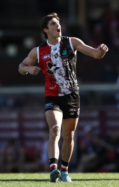 Jack Steele of the Saints celebrates a goal during the round 12 AFL match between the St Kilda Saints and the Sydney Swans at Sydney Cricket Ground...