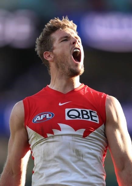 Luke Parker of the Swans celebrates a goal during the round 12 AFL match between the St Kilda Saints and the Sydney Swans at Sydney Cricket Ground on...